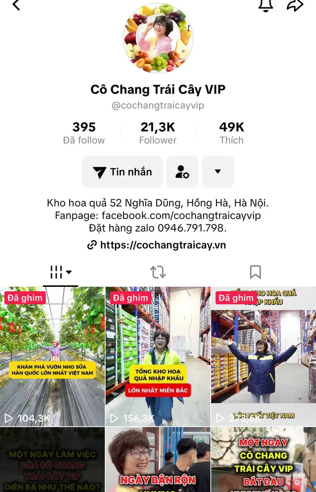 Kênh TikTok Cô Chang Trái Cây VIP: 21,3K follower