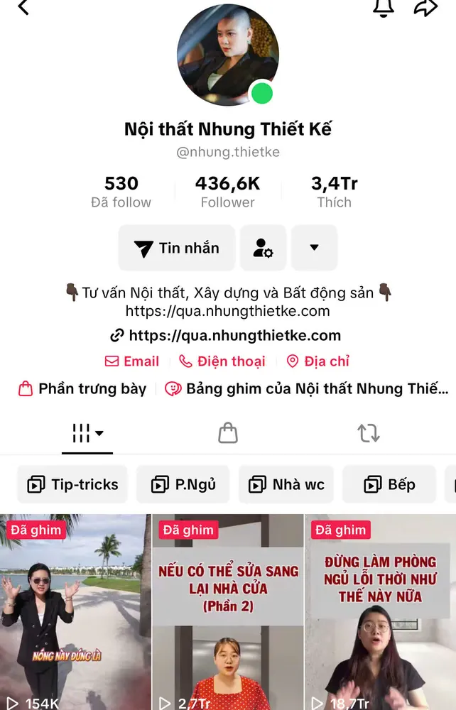 Kênh TikTok Nội thất Nhung Thiết Kế: 436,6K follower