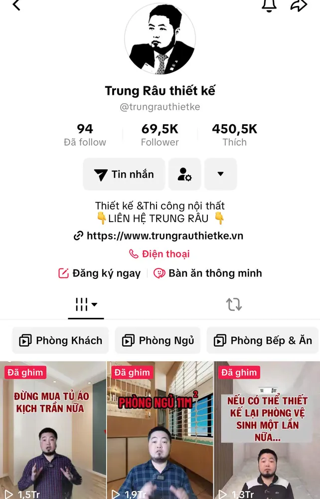 Kênh TikTok Trung Râu thiết kế: 69,5K follower